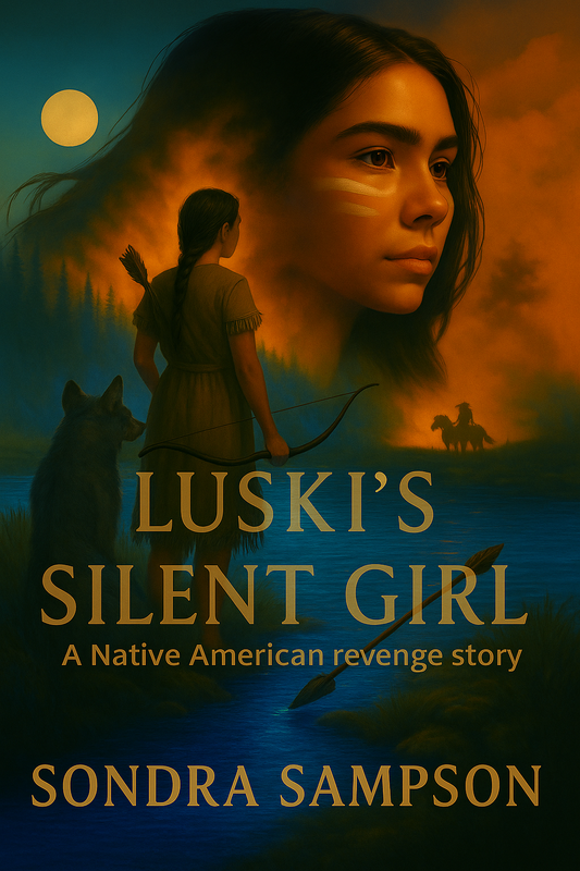 Book cover of 'Luski's Silent Girl' by Sondra Sampson featuring a Native American woman and child with a wolf.